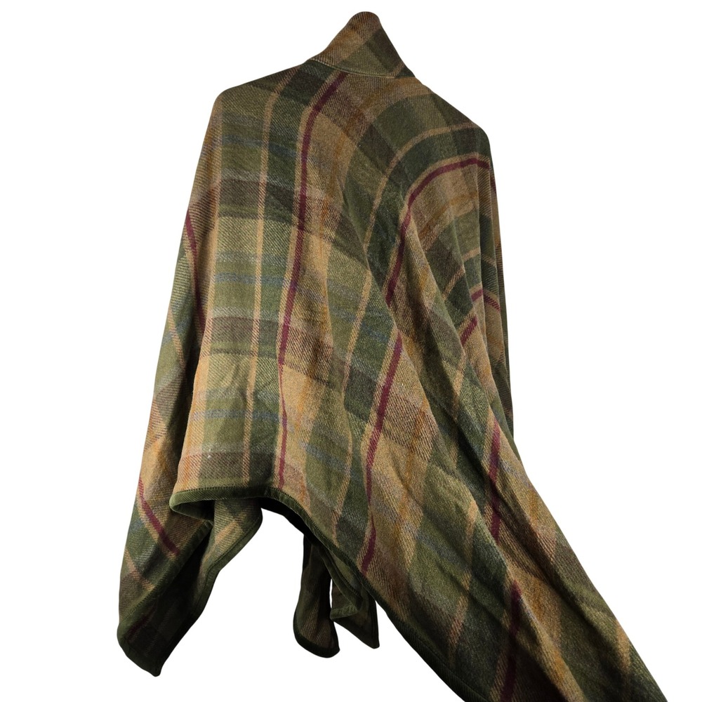 Chaps Green Plaid Wool Blend Button Neck Poncho Cape Wrap Size Medium - Picture 4 of 9